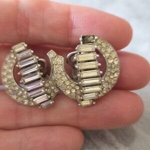 Vintage 1950s Crown Trifari Art Deco Silver Tone Rhinestone Clip-on Earrings